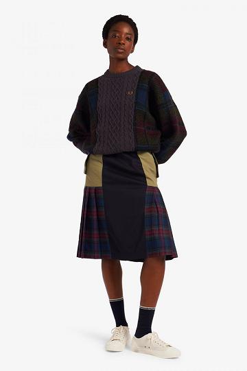 Fred Perry Tartan Panel Cable Knit Jumper Naisten Neuleet Mustat | FI 1115LISH